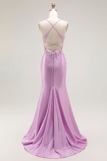 Vestido largo de fiesta con corsé de tirantes finos de sirena morada con abertura